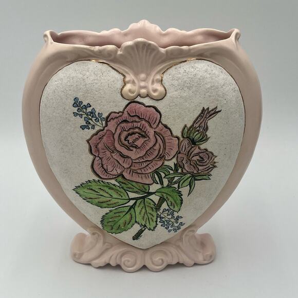 VTG ALBERTAS Pink White Porcelain Heart-Shaped Hand Painted Vase - Picture 1 of 10